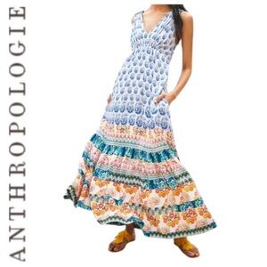 ANTHROPOLOGIE Gathered Maxi Dress Floral Print Tiered Boho Size Small $168